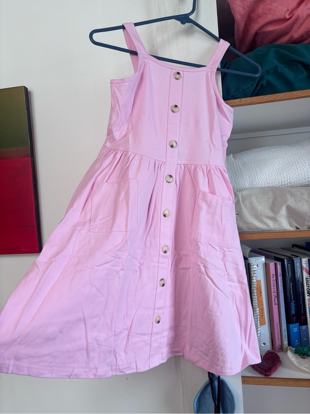 Girls Pink Button-Front Casual Sundress with Pockets